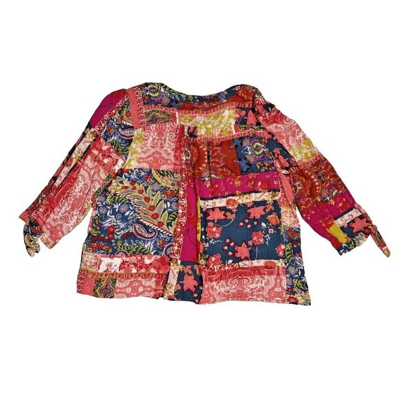 Jones New York Top Womens 1X Mix Floral Boho Patchwork Artsy Split Neck Blouse - Picture 2 of 9